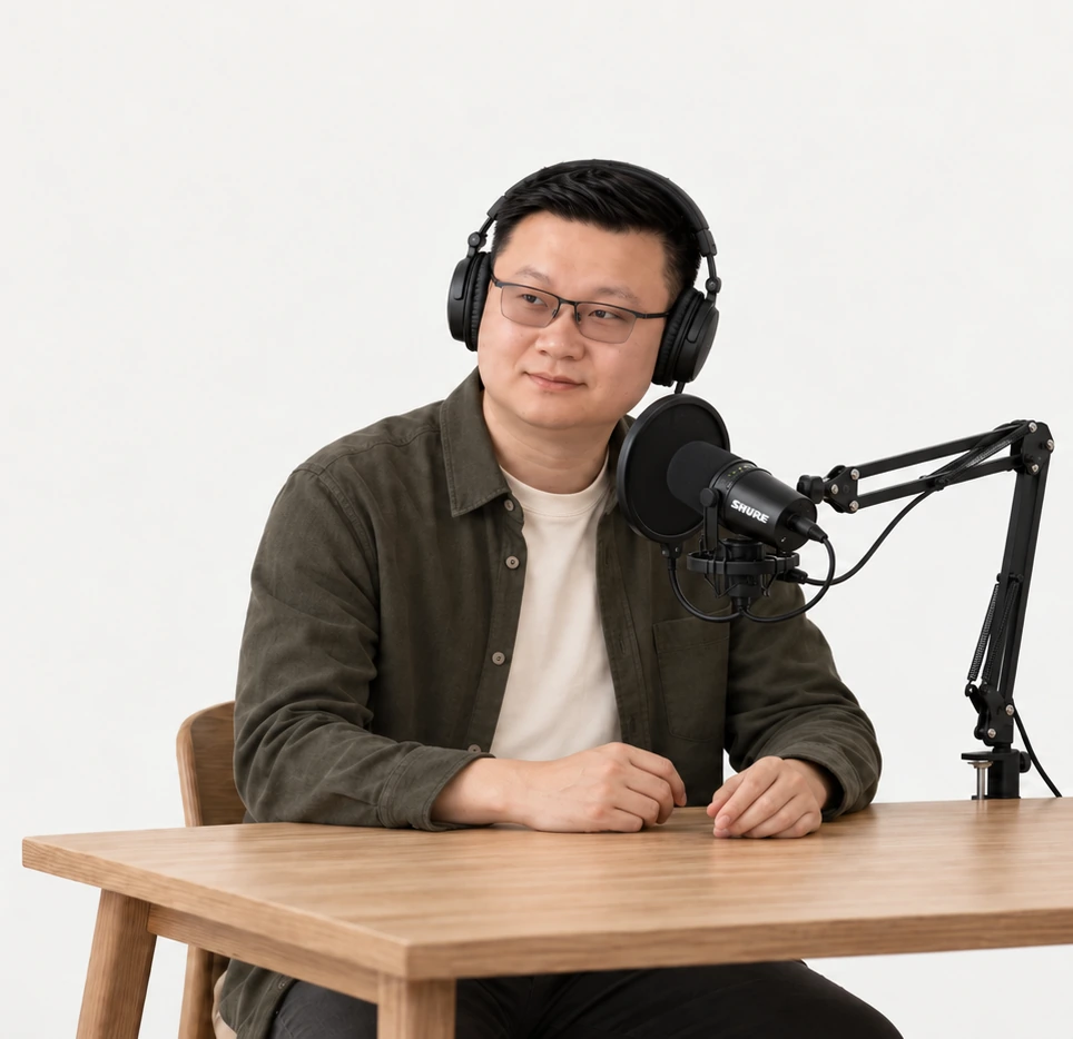 Pan Liu seated at a desk with headphones and a broadcast microphone